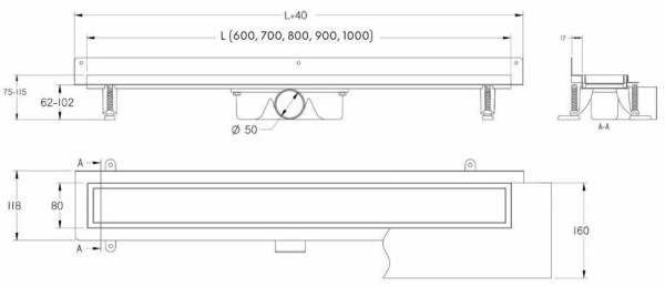 Prístenný sprchový žľab do sprchy ku stene PREMIUM PRO BLACK 60 - 100 cm 3