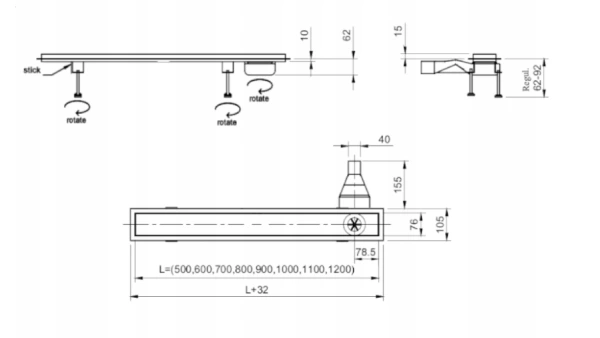 Sprchový žľab s bočným vývodom a bočným sifónom 50 - 120 cm PROLINE 4