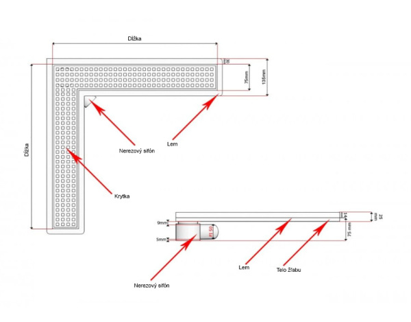 L sprchový žľab celonerezový do rohu 300-1000 mm 1