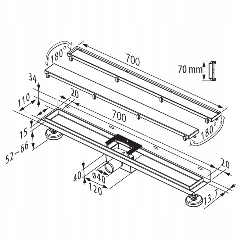 Prístenný sprchový žľab do sprchy ku stene čierny 60 - 100 cm 6