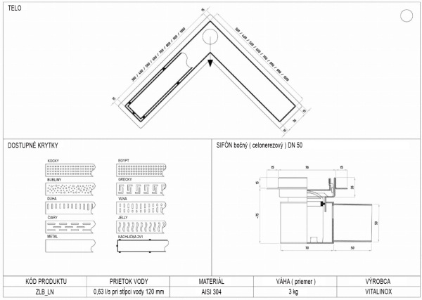 L sprchový žľab celonerezový do rohu 300-1000 mm 10