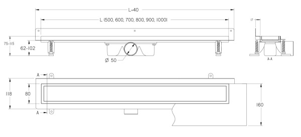 Prístenný sprchový žľab do sprchy ku stene PREMIUM PRO 60 - 120 cm 3