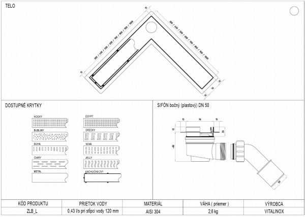 L sprchový žľab nerezový do rohu plastový sifón 300-1000 mm 12