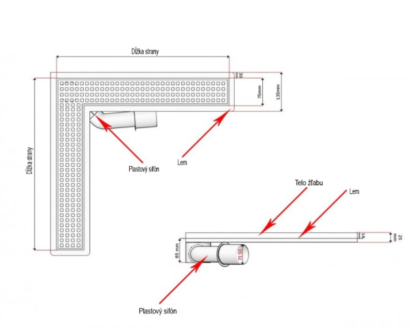 L sprchový žľab nerezový do rohu plastový sifón 300-1000 mm 1